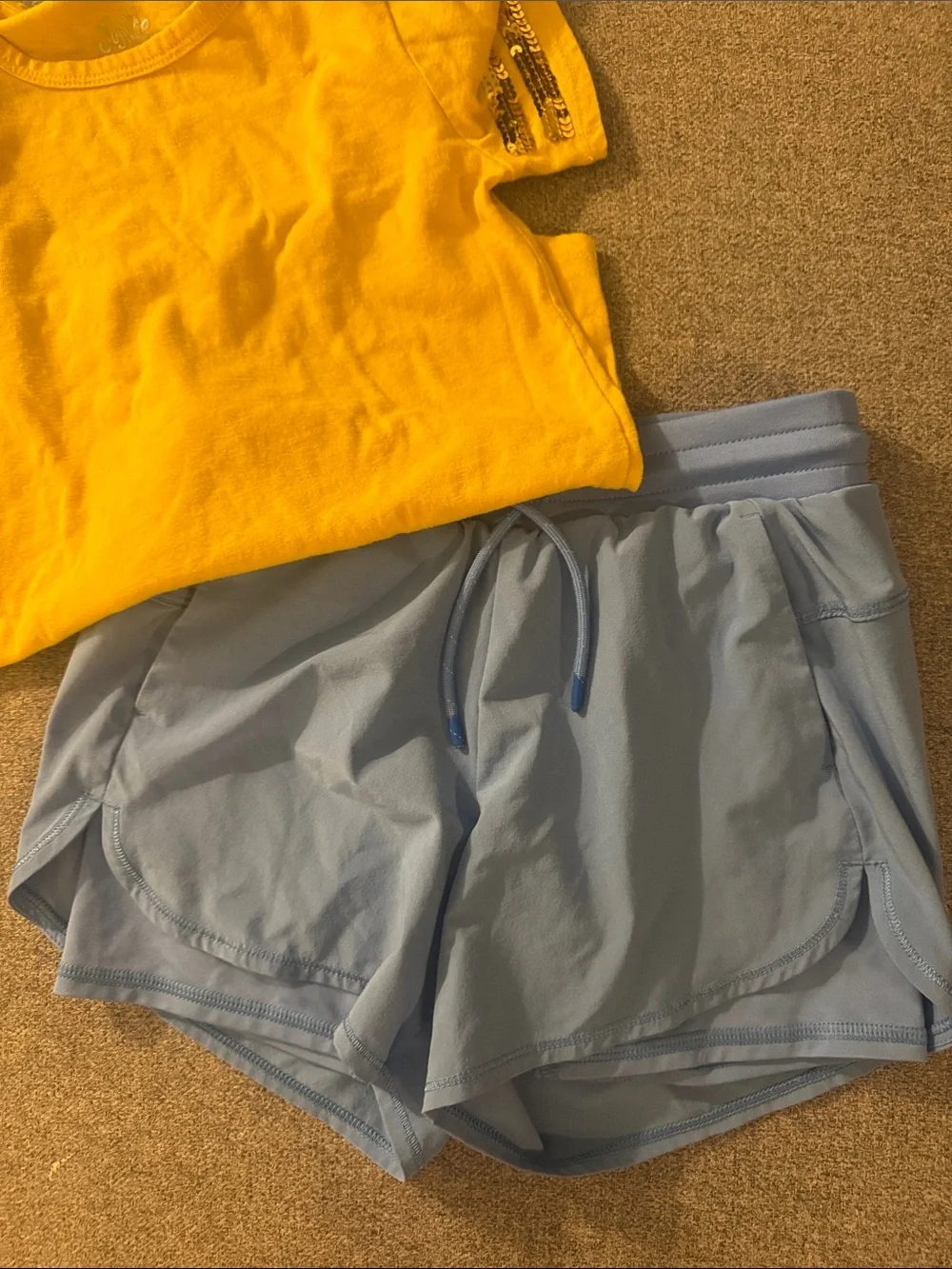 5/$15- Justice Girls Yellow Tee and Light Blue Athletic Shorts Set